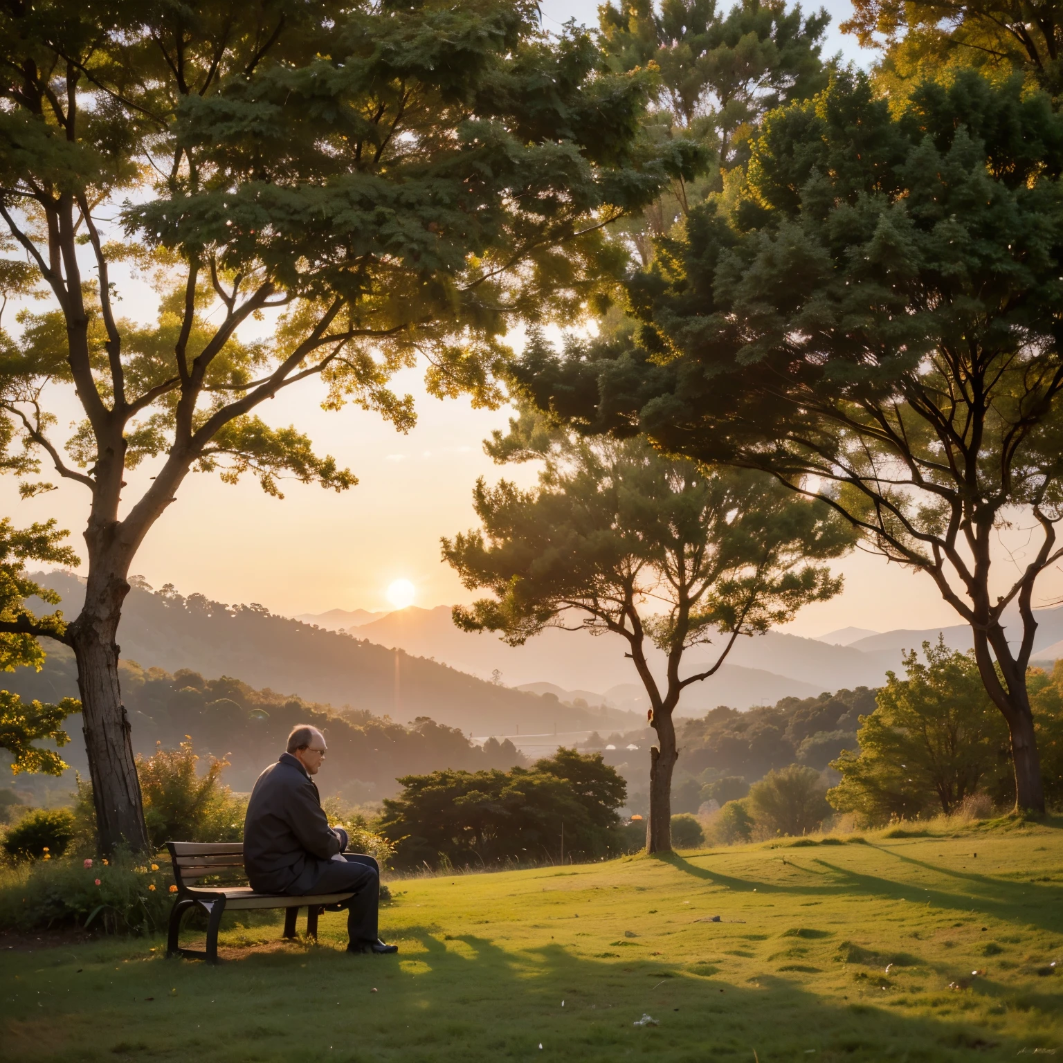 there is a man sitting on a bench in the park, peaceful scene, by John Murdoch, morning golden hour, sitting alone, by Etienne Delessert, by Jesper Knudsen, photo taken with sony a7r, by Robert Brackman, beautiful setting, golden hour scene, beautiful scene, beautiful environment, at peace, beautiful surroundings, beautiful scenery