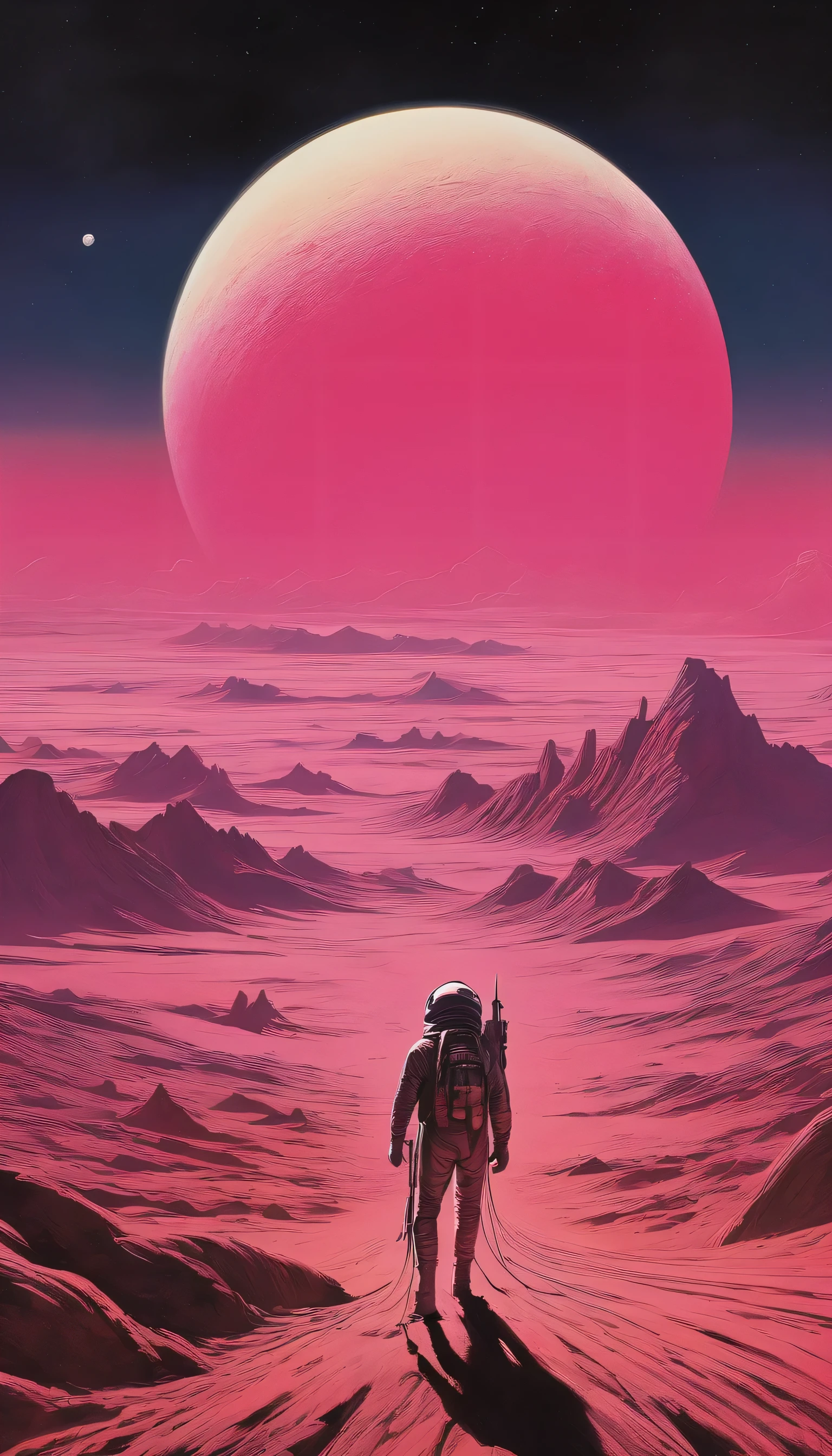 In the style of Chesley Bonestell,Depicting an adventurer wandering an alien desert under the light of a giant pink moon,The screen contains dynamic elements,like swirling dust、Distant alien plants and strange objects in the sky,Use wide-angle perspective to create immersion,Get In Style With Charles Dana Gibson。