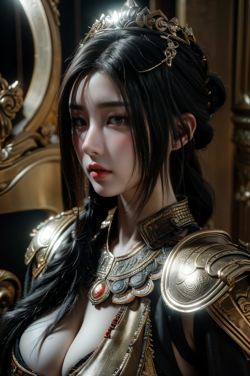 Masterpiece,Game art,The best picture quality,Highest resolution,8K,(Portrait),Unreal Engine 5 rendering works,(Digital Photography),
Girl,Beautiful pupil,(Gradual short hair is blue and red),Busty,(Big breasts),(Portrait photography:1.5),
(A chivalrous woman in Tang Dynasty),Casual hairstyle,Delicate faces,(Full breasts,Big breasts),Serious,Cool and elegant,(Wearing combat armor combined with the characteristics of ancient Chinese clothing,A complex pattern,Mysterious light,Hollow Armor),(Red and black),Ancient fantasy style characters
Movie lights，Ray tracing，Game CG，((3D Unreal Engine))，oc render reflection texture