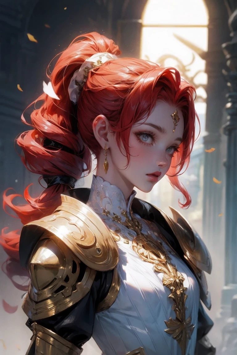 (8K, original photo, best quality, masterpiece:1.2), (actual, photo-actual:1.4), (extremely detailed CG unity 8K wallpaper), a complete body (rogue:1.1) woman wearing gold jewelry (leather armor:1.3), Sew worn armor, (extremely detailed:1.5), gold and (white:1.5), concept art portrait of greg rutkowski, type germ, Super detailed gothic art trends on Artstation, fantastic, intricate details, (Small blue dots:1), (redhead, curls, high ponytail: 1.4)