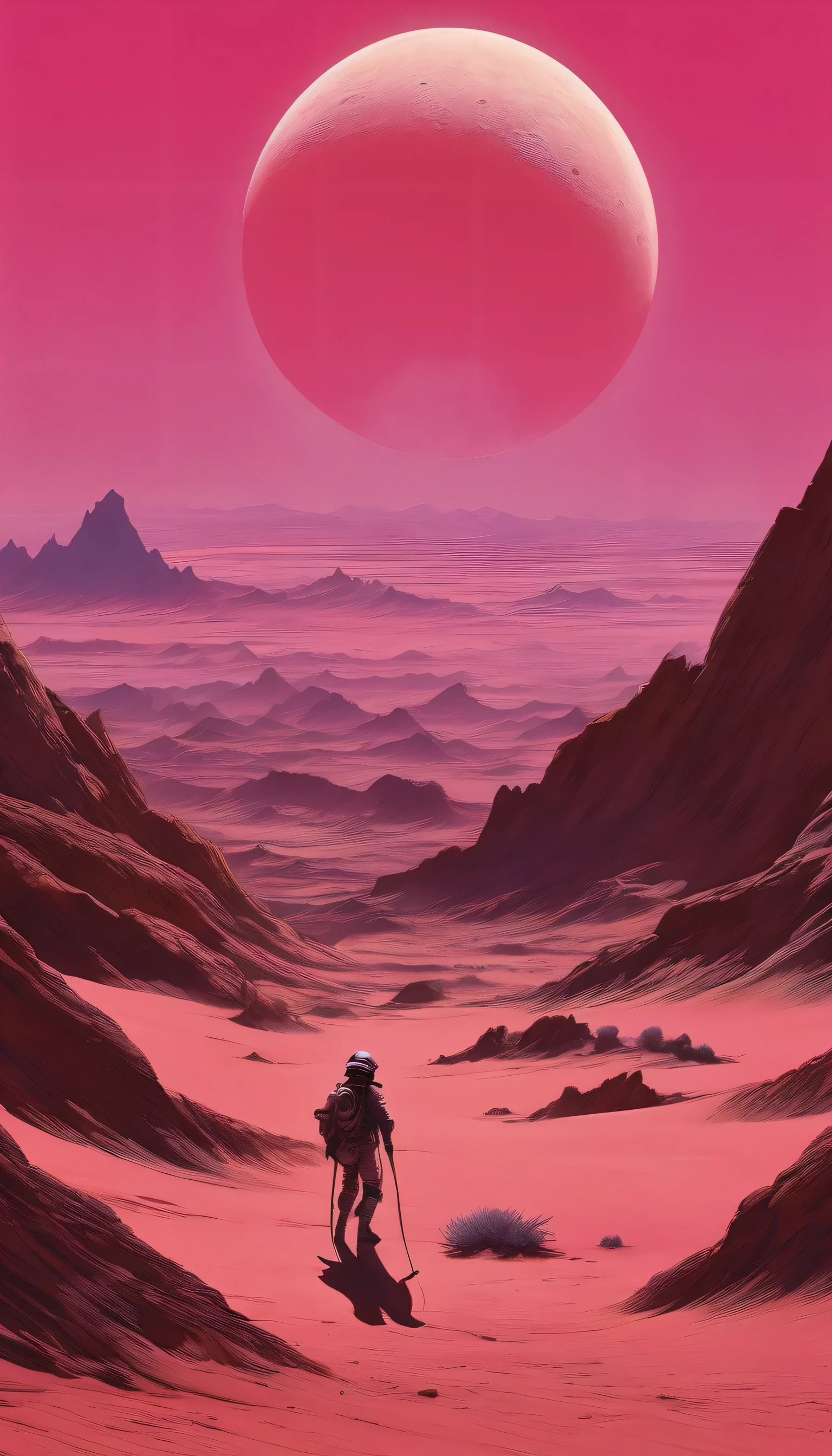 In the style of Chesley Bonestell,Depicting an adventurer wandering an alien desert under the light of a giant pink moon,The screen contains dynamic elements,like swirling dust、Distant alien plants and strange objects in the sky,Use wide-angle perspective to create immersion,Get In Style With Charles Dana Gibson。