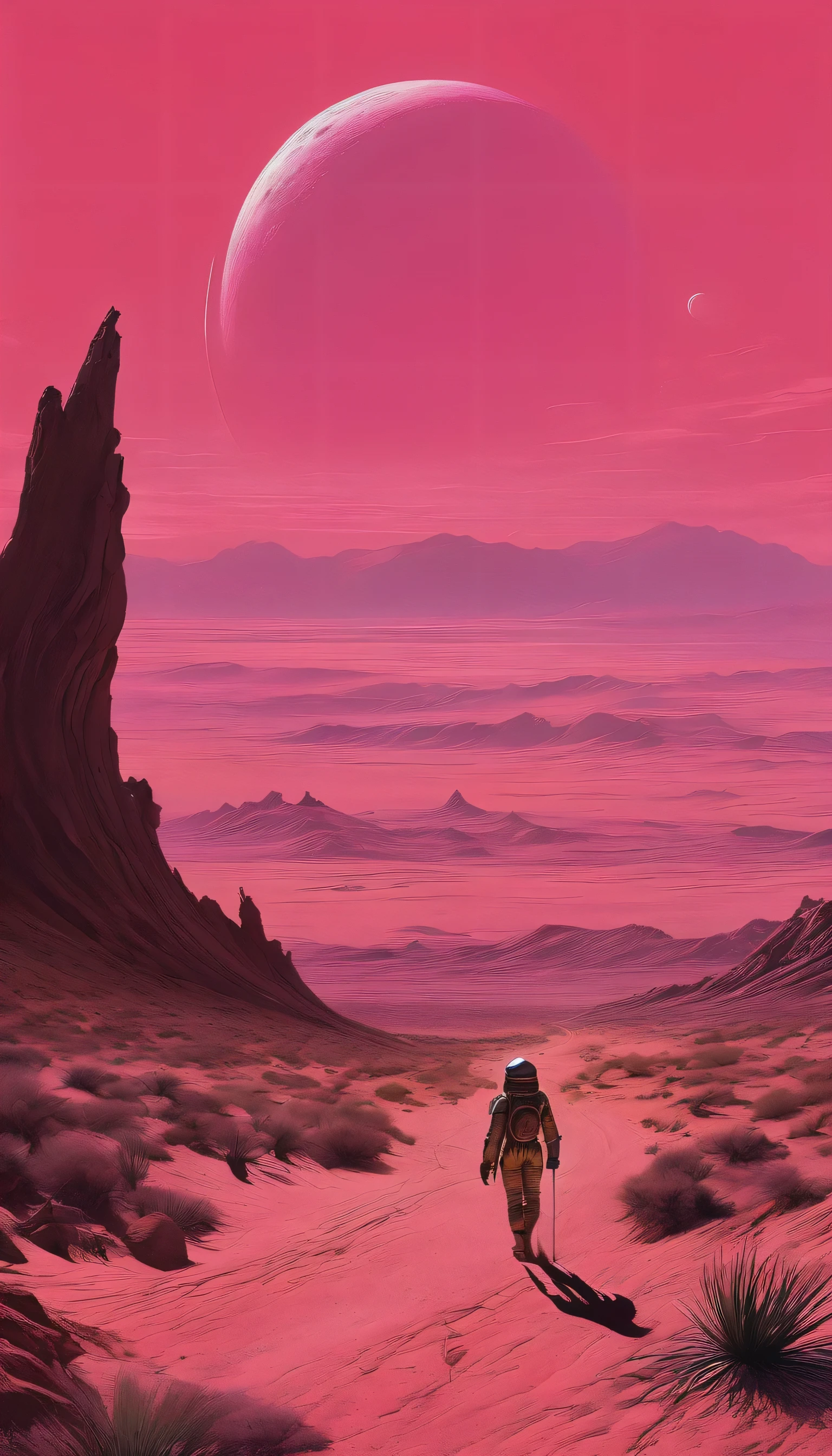 In the style of Chesley Bonestell,Depicting an adventurer wandering an alien desert under the light of a giant pink moon,The screen contains dynamic elements,like swirling dust、Distant alien plants and strange objects in the sky,Use wide-angle perspective to create immersion,Get In Style With Charles Dana Gibson。