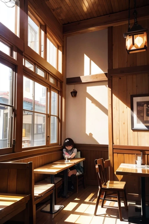 Calico cat sleeping on a chair in a coffee shop。The afternoon sun pours through the window、nostalgic atmosphere。