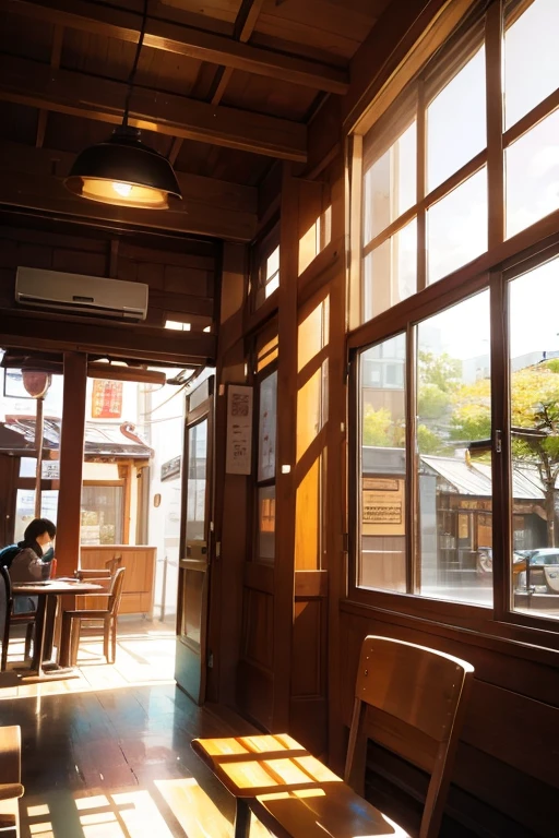 Calico cat sleeping on a chair in a coffee shop。The afternoon sun pours through the window、nostalgic atmosphere。