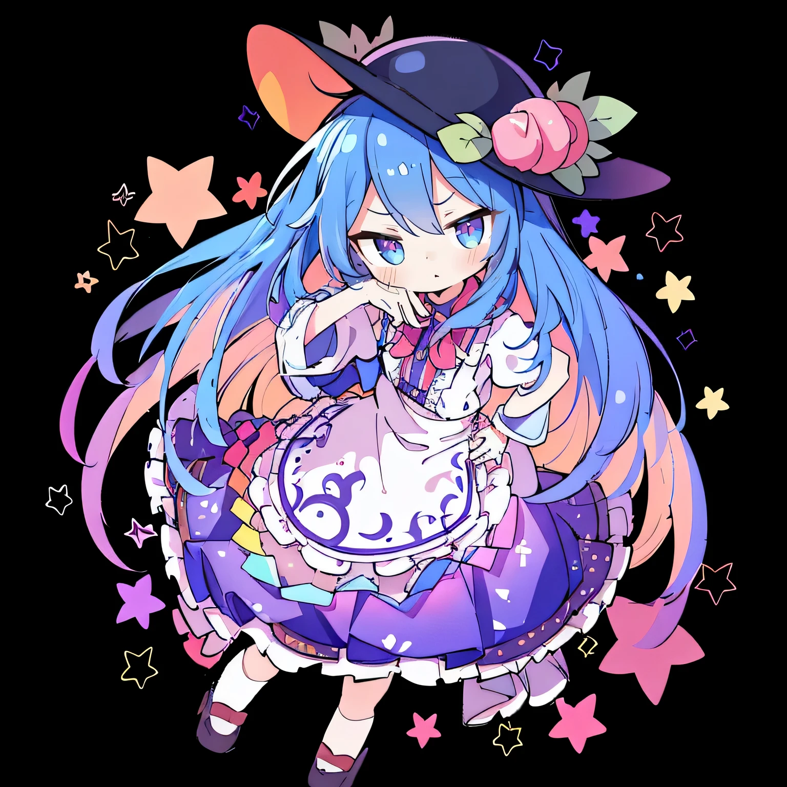 (best quality,highres,masterpiece:1.2),ultra-detailed,(realistic:1.37), expressive eyes, perfect face, 1 girl, hands on waist, beautiful, glamorous, Japanese anime, girl, Lola, Chouno Angel, blue hair, floating clothes, waist grabbing, hands on hips, flat-chested, starry sky,blueeyes,