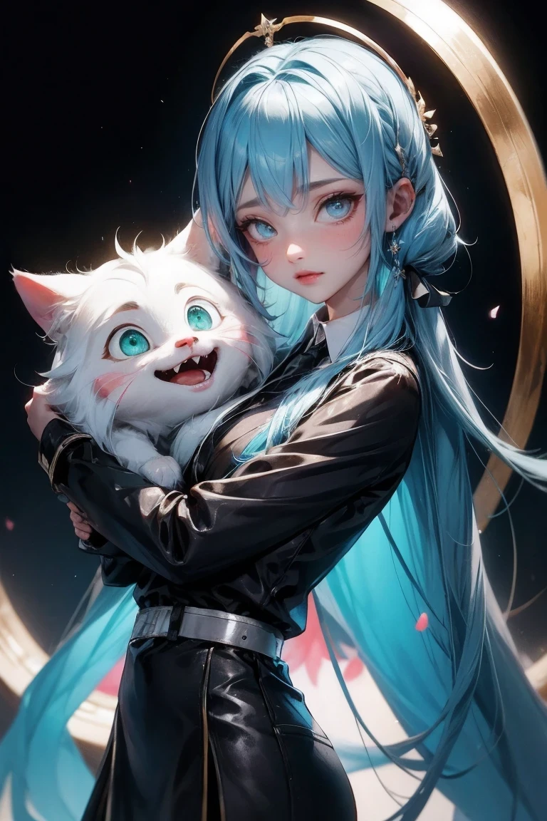 masterpiece, best quality, ((1 person)),blue hair,green eyes,Serious expression, Smile,above waist,line art,Medium long hair,white blazer,Black T-shirt,expressionless eyes,((Kubo Titi style))