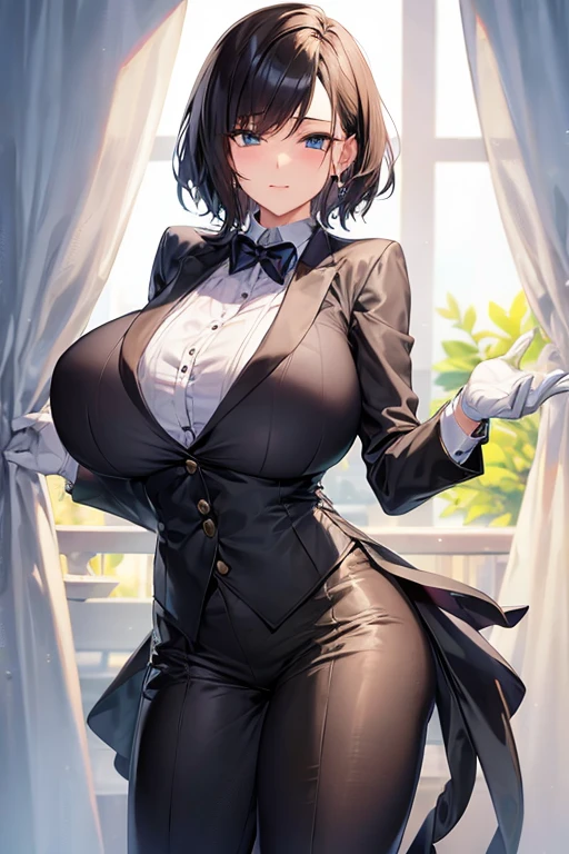 female deacon、at the window、Cool、huge breasts、short hair、Tuxedo、thin waist、Handsome guy、Provocative、full of confidence、white gloves