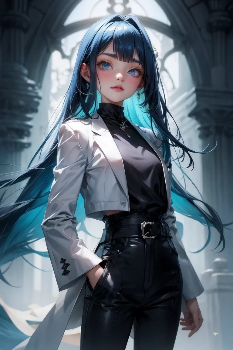masterpiece, best quality, ((1 person)),blue hair,green eyes,Serious expression, Smile,above waist,line art,Medium long hair,white blazer,Black T-shirt,expressionless eyes,((Kubo Titi style))