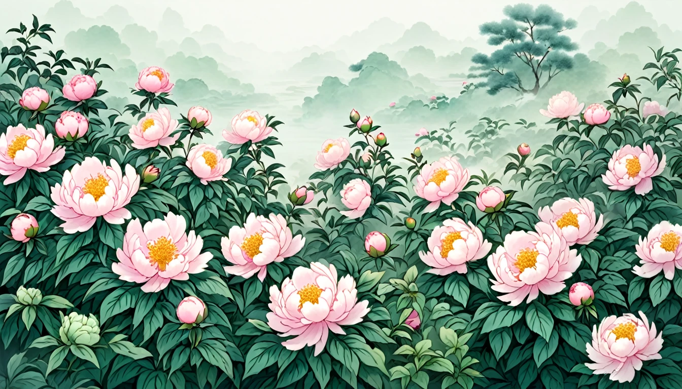 ancient china, peaceful, garden, a lot of peony flowers grow crowded together, spring, misty, no human, mint-color background