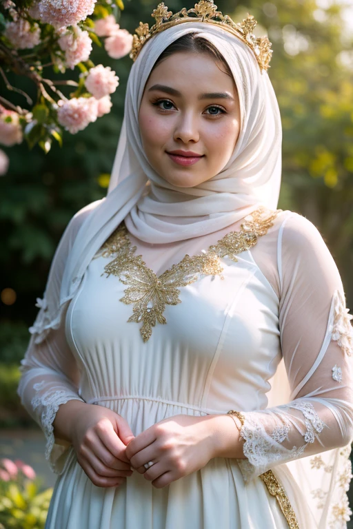 ((best quality)), ((masterpiece)), ((detailed)), ((a 25 year old chubby girl)), white loosely gamis dress with gold colour lace, (smiling:0.6), long sleeve, white hijab, white shawl, (no visible hair), pink flowers crown, scattered luminous petals, yellow flowers garden, Depth of field, rays of light, Many scattered leaves, branch, angle, contour deepening, cinematic angle,