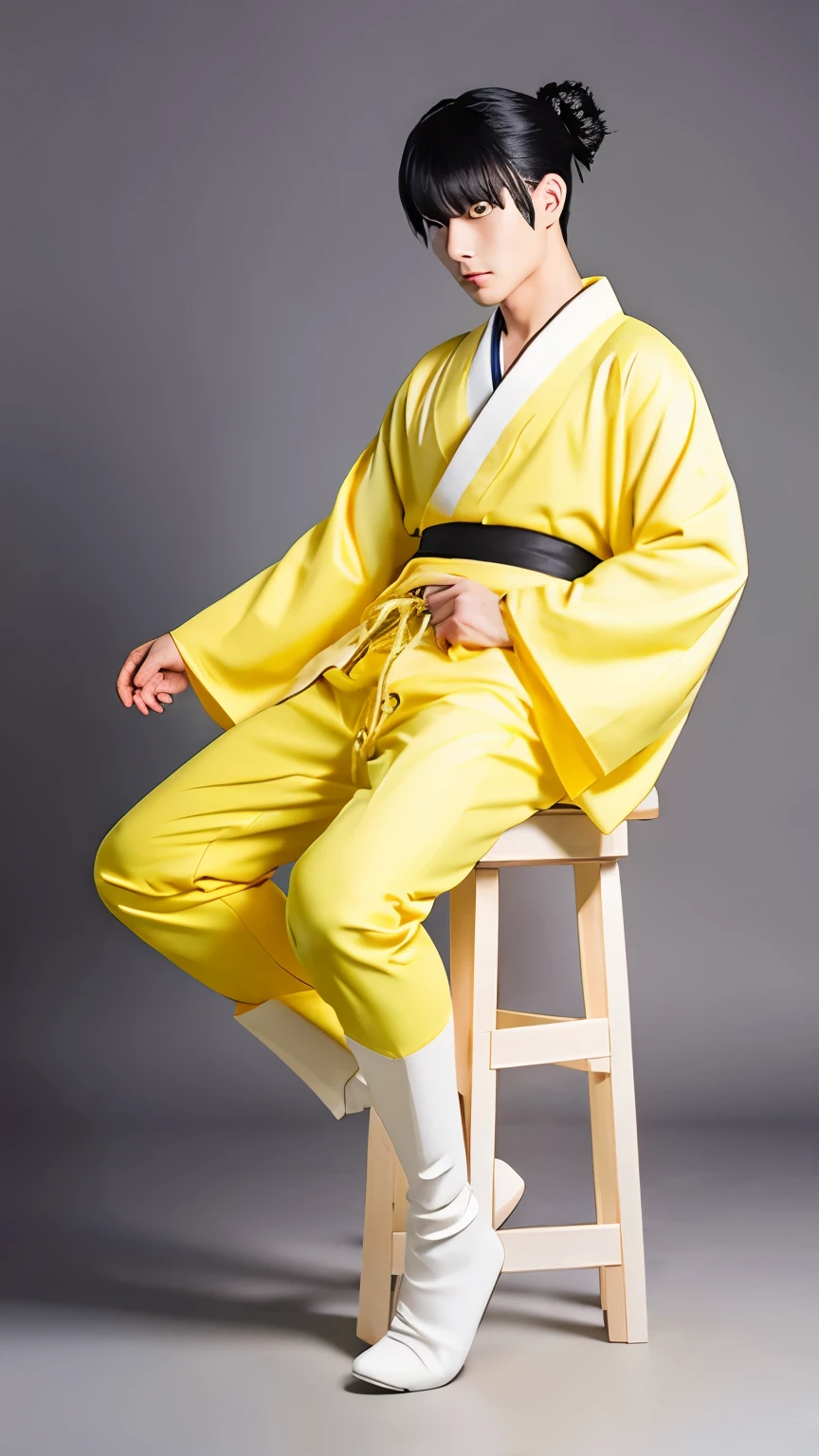 highest quality,anime face,male kimono,yellow,pants,Knee-high boots,