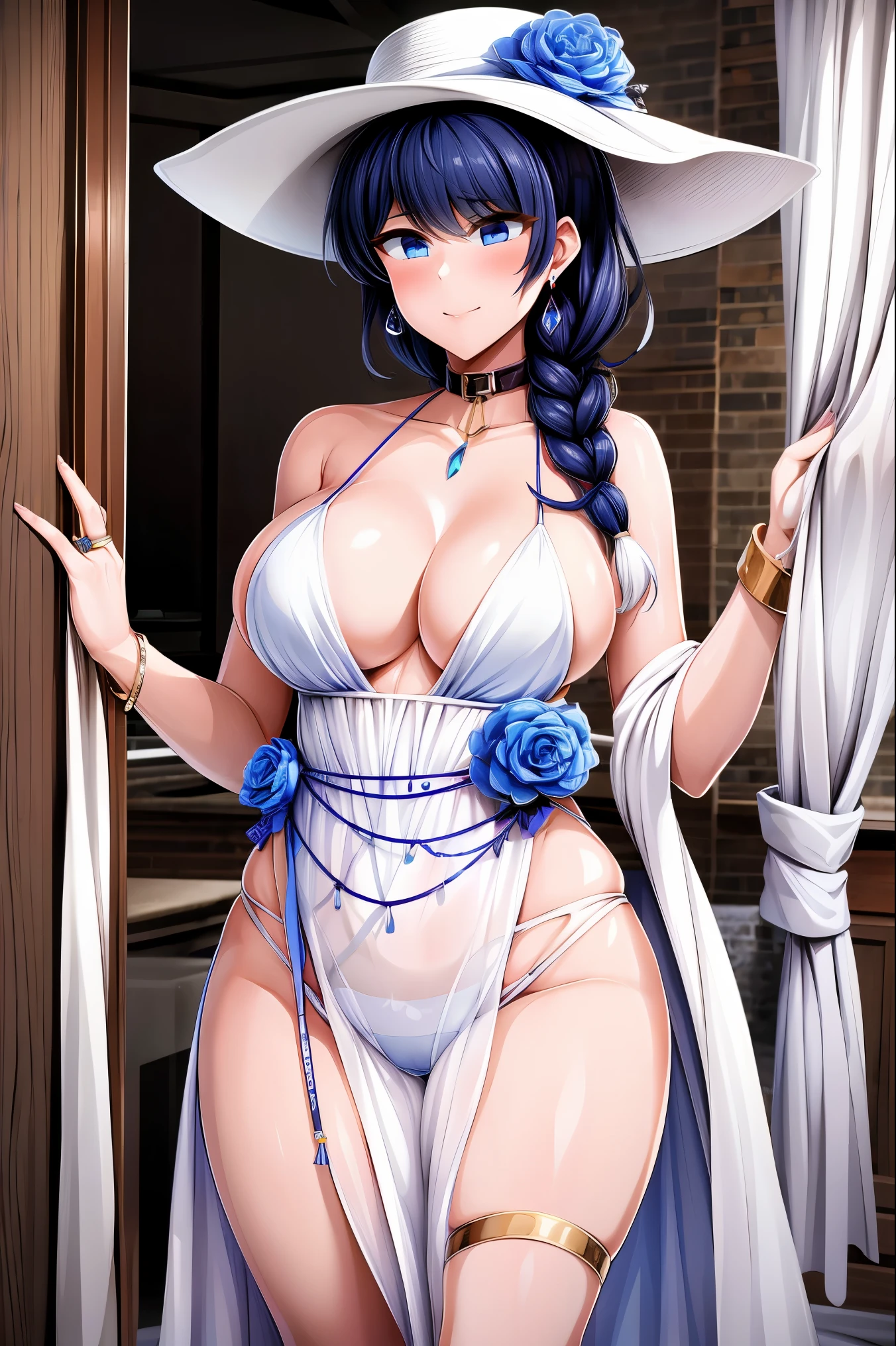 marybayv1, white panties, thigh strap, sleeveless halter dress, skindentation, single braid, see-through, ring, revealing clothes, pelvic curtain, necklace, multicolored hair, jewelry, white hat, hat flower, earrings, choker, bracelet, blue flower, blue eyes, black hair,