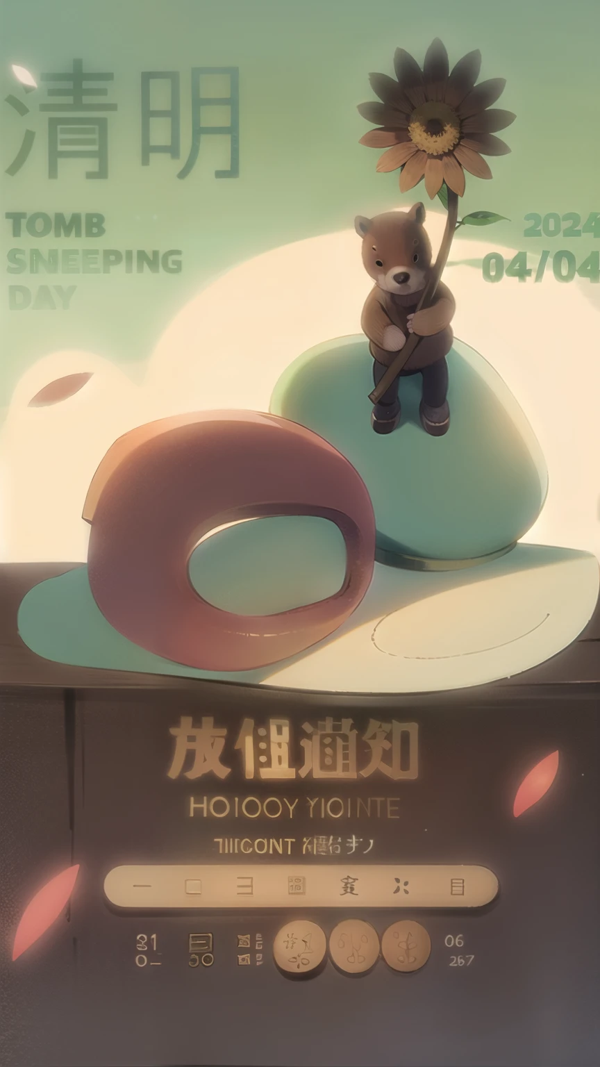 A Qingming Festival poster,There are two green balls on it, A red bear holding a sunflower and sitting on a green ball