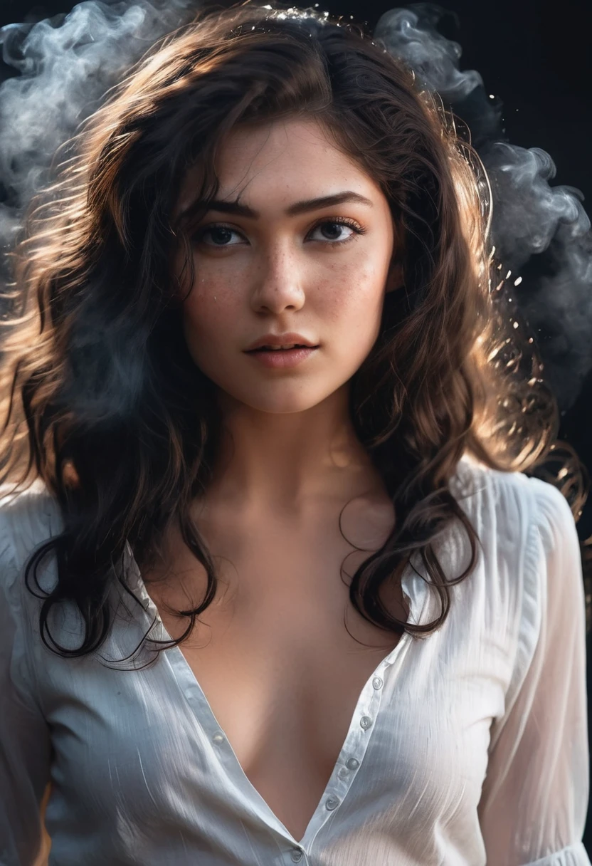 rmx, Close-up, beautiful girl, physical rendering photo of an 21 year old girl, curls, freckles, unbuttoned, white blouse, black background, light on face, dream, magical atmosphere, cinematic lighting, embers, fantasy, action pose, mist, CRU photo, 8k uhd, film grain
