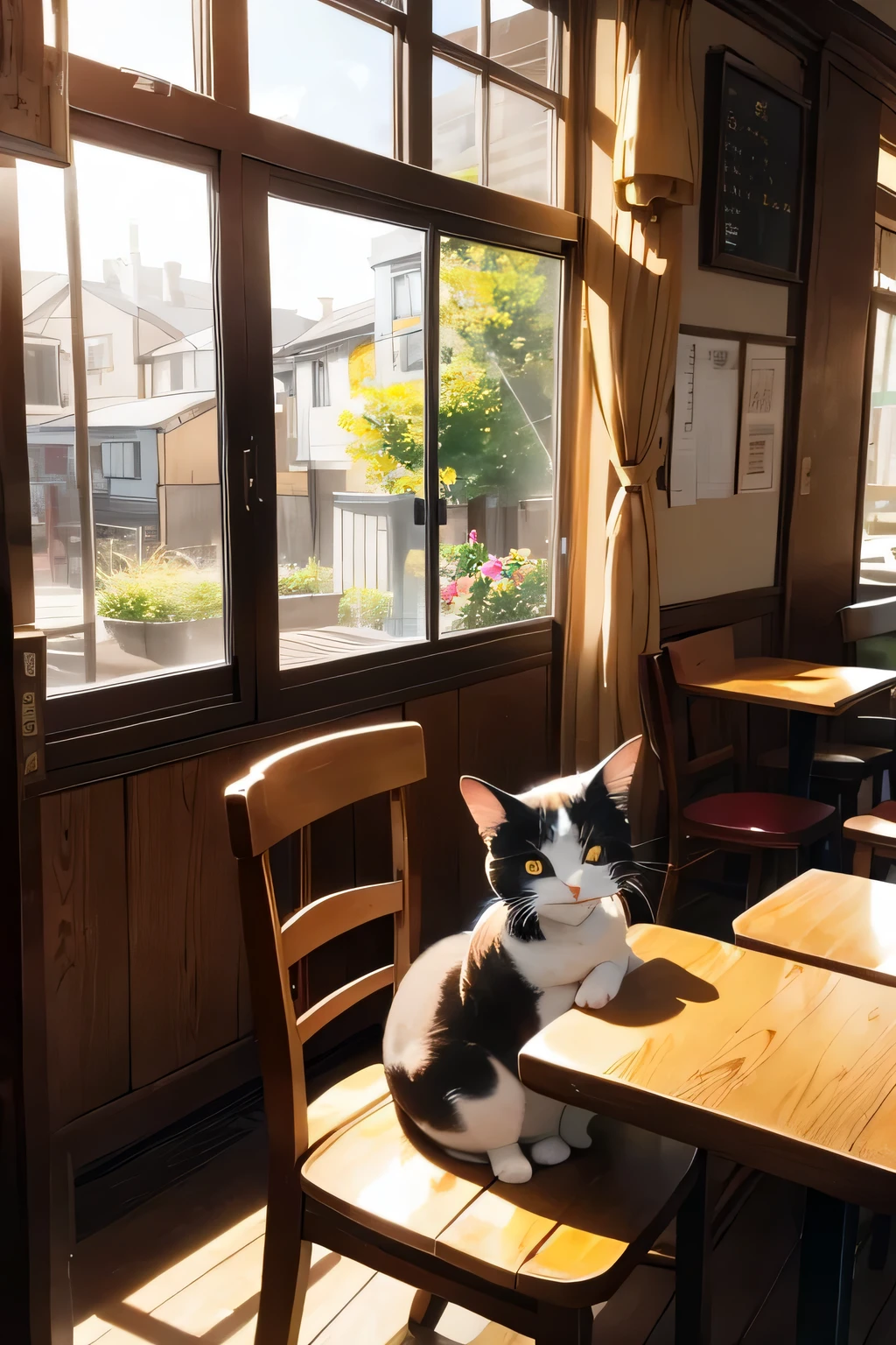 Calico cat sleeping on a chair in a coffee shop。The afternoon sun pours through the window、nostalgic atmosphere。