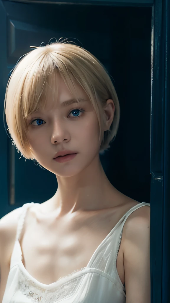 A blonde short haired sweeden girl, bob cut, bang, blue eyes, 10 years old, very young, pale skin, wearing a white lace sleeveless shirt, peeking behind a door, feeling anxiety, sad, sweaty, Ultra high res, uhd, (photorealistic:1.4), coboy shot, doll-like face, in a dark room dramatic lighting