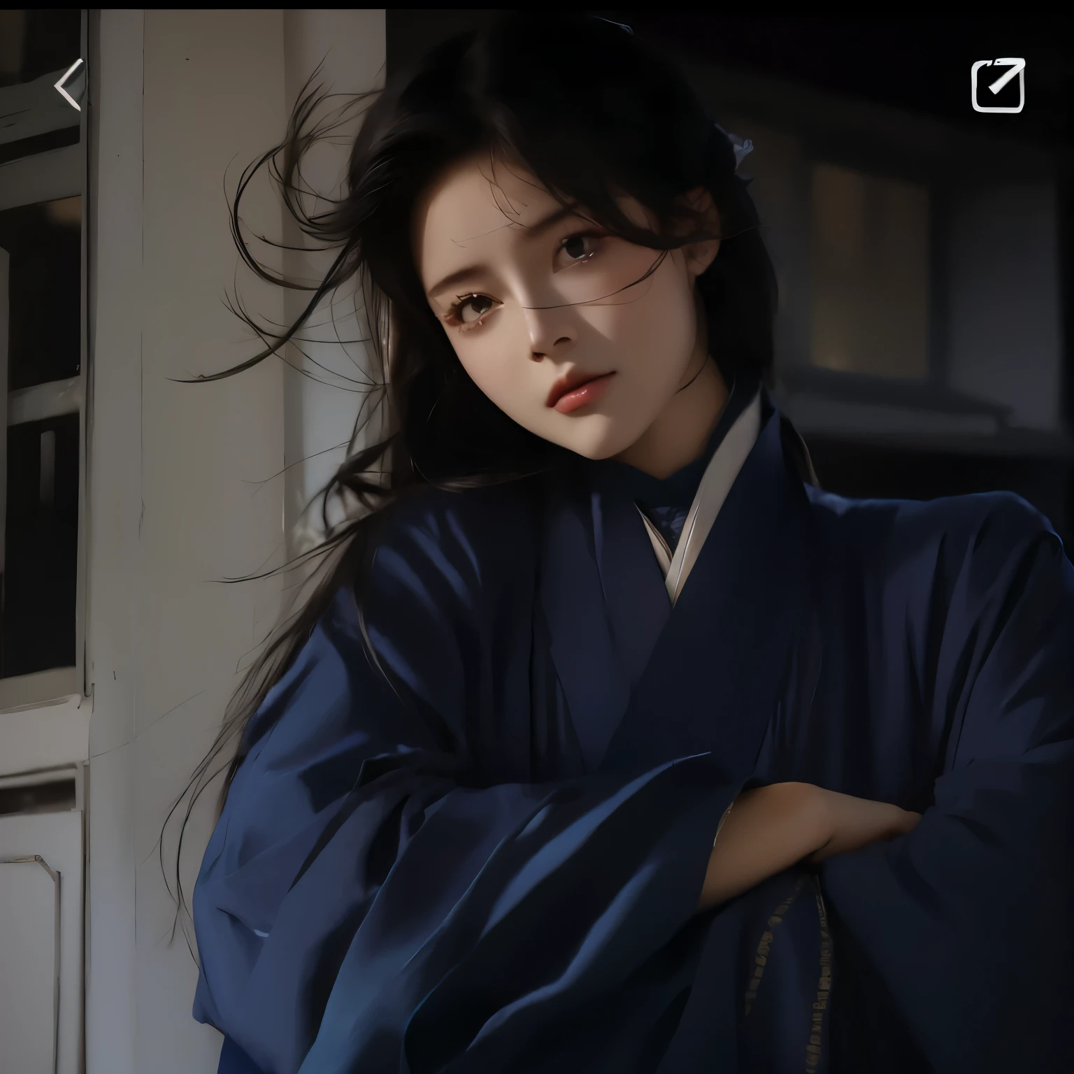 arafed woman in a blue kimono standing with her arms crossed, palace , a girl in hanfu, flowing hair and long robes, inspired by Itō Shinsui, wearing blue robe, inspired by Chen Yifei, wearing a blue robe, traditional beauty, inspired by Gu An, inspired by Zhu Derun, inspired by Gu Kaizhi