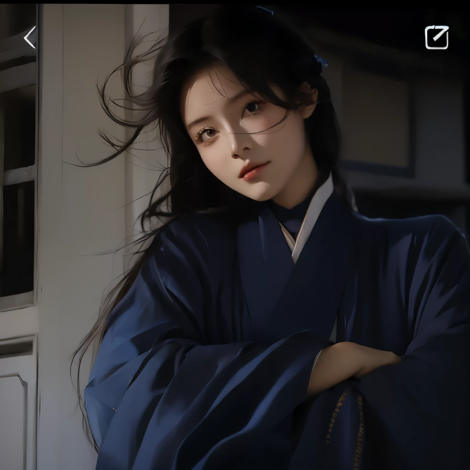 arafed woman in a blue kimono standing with her arms crossed, palace , a girl in hanfu, flowing hair and long robes, inspired by Itō Shinsui, wearing blue robe, inspired by Chen Yifei, wearing a blue robe, traditional beauty, inspired by Gu An, inspired by Zhu Derun, inspired by Gu Kaizhi