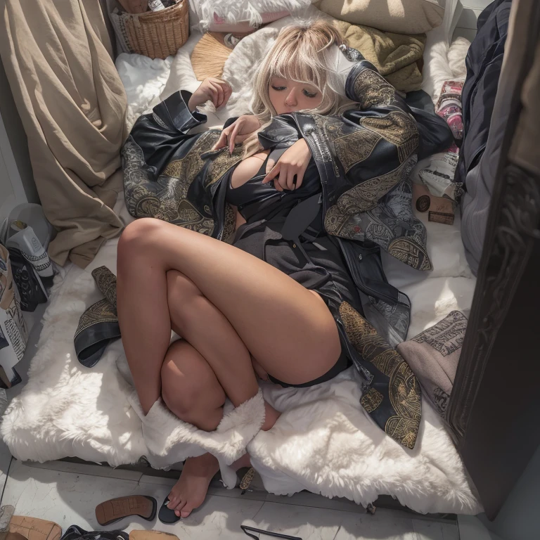 (Intense solo masturbation scene like a drama), closes her eyes and cries out at the moment of climax, on her back, full body, (Japanese black-skinned gal with a penis), legs spread.