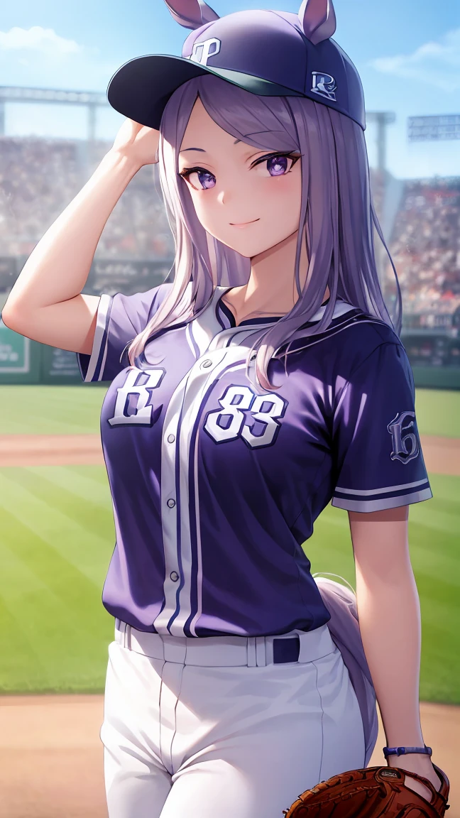 highest quality,masterpiece,High resolution,CG 8k ,super detailed images,pretty girl,one person,mejiro mcqueen,(horse ear),horse tail,baseball cap,baseball uniform,((stand)),background crowd,smile,holding a baseball,