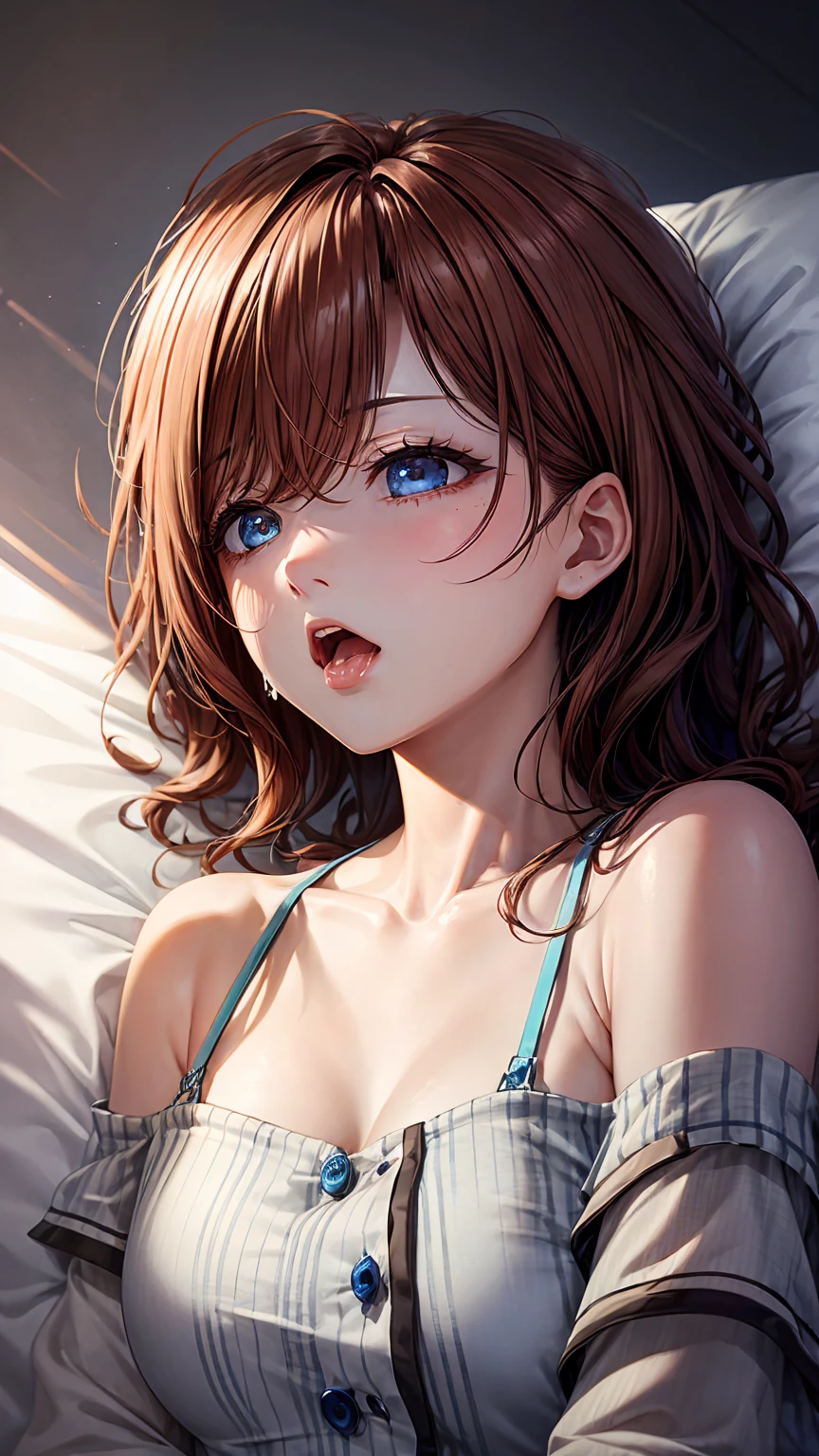 ultradetail、particles of light:0.5、off shoulder、beautiful cleavage、sleeping face up in bed、beautiful blue eye、half open mouth、natural texture、dripping cloudy saliva、realistic skin