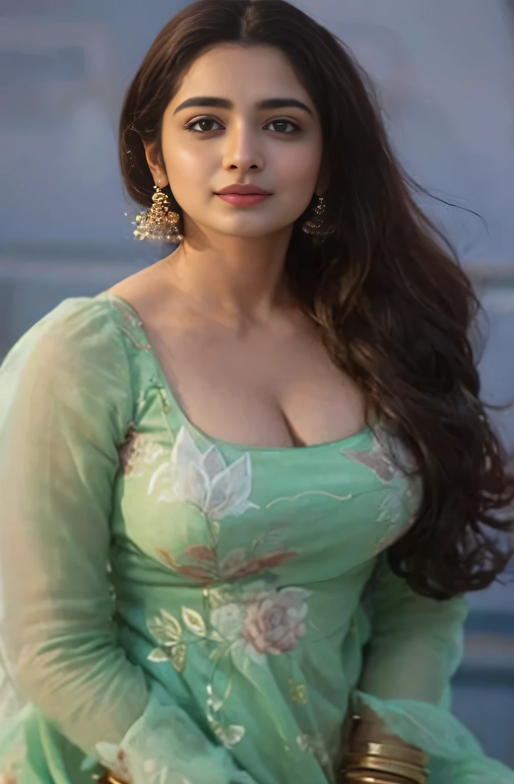 anusha bhatia in green dress posing for the camera, cleavage, gorgeous figure, very beautiful enga style, sensuous, gorgeous face and figure, beautiful figure, very attractive and beautiful, indian goddess, curvaceous. detailed expression, very very beautiful woman, attractive feminine curves, gorgeous beautiful woman, attractive neck, beautiful feminine body, sexy girl with dark complexion