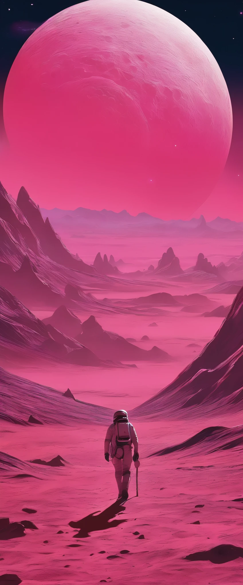 In the style of Chesley Bonestell，Depicting an adventurer wandering an alien desert under the light of a giant pink moon，The screen contains dynamic elements，like swirling dust、Distant alien plants and strange objects in the sky，Use wide-angle perspective to create immersion，Get In Style With Charles Dana Gibson。pink，galaxy，universe space