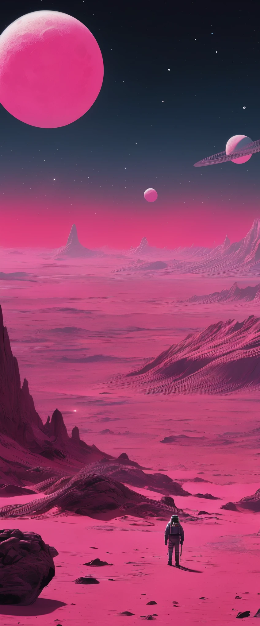 In the style of Chesley Bonestell，Depicting an adventurer wandering an alien desert under the light of a giant pink moon，The screen contains dynamic elements，like swirling dust、Distant alien plants and strange objects in the sky，Use wide-angle perspective to create immersion，Get In Style With Charles Dana Gibson。pink，galaxy，universe space