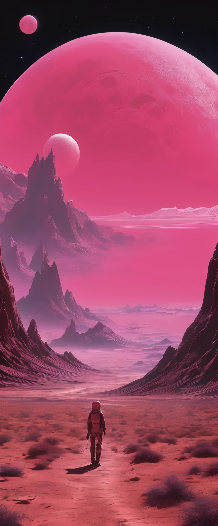 In the style of Chesley Bonestell,Depicting an adventurer wandering an alien desert under the light of a giant pink moon,The screen contains dynamic elements,like swirling dust、Distant alien plants and strange objects in the sky,Use wide-angle perspective to create immersion,Get In Style With Charles Dana Gibson。pink,galaxy,universe space