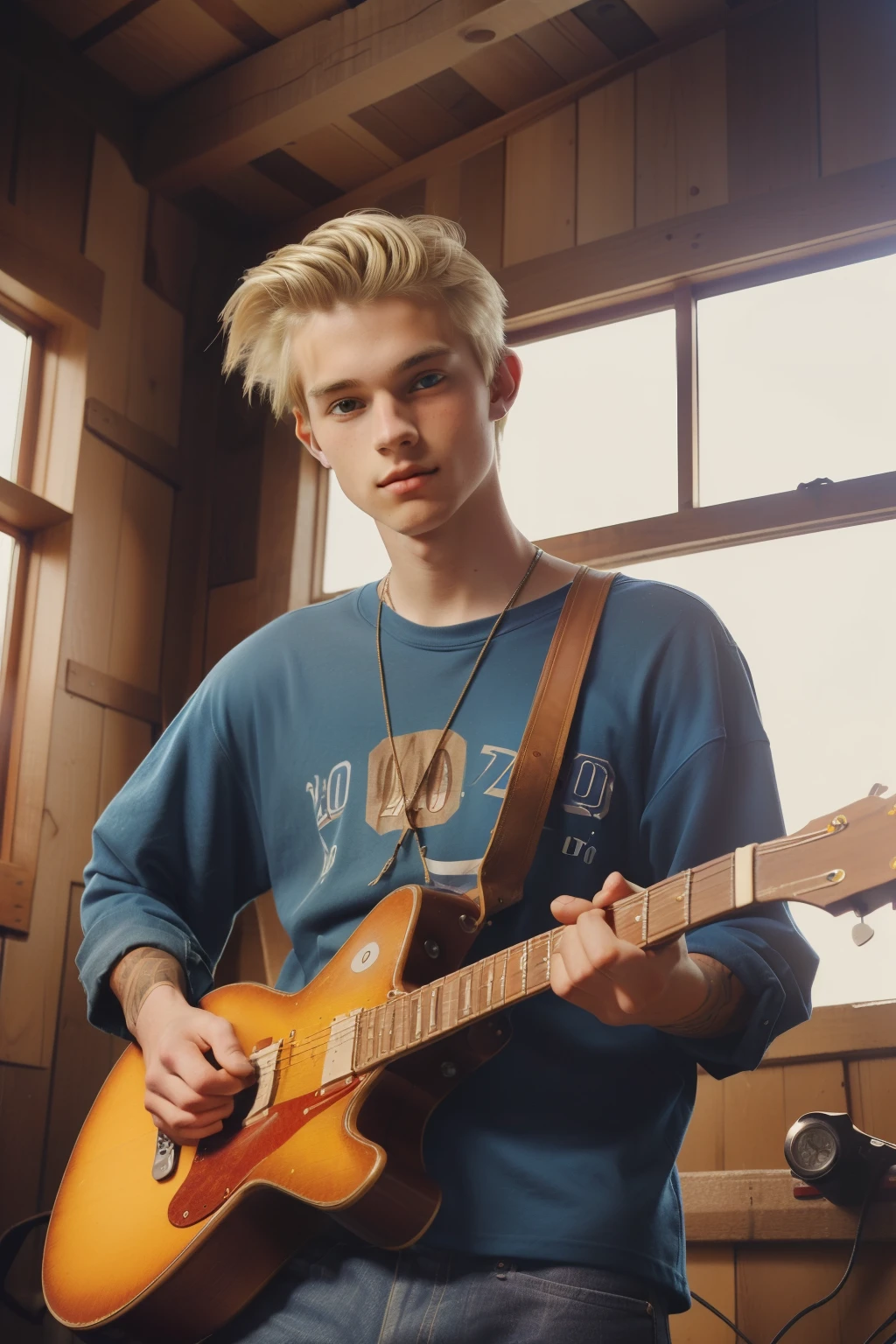 Little Wing, Wisconsin, 2004. A young ((((20-year-old)) Lee Bodecker)), tall, lean, angular jawline, stricking features, charismatic, free-spirited, in a barn, playing the guitar. ((((hipster clothings from the 2000s)))), ((unkempt stylish blonde hairstyle of the 2000s))
