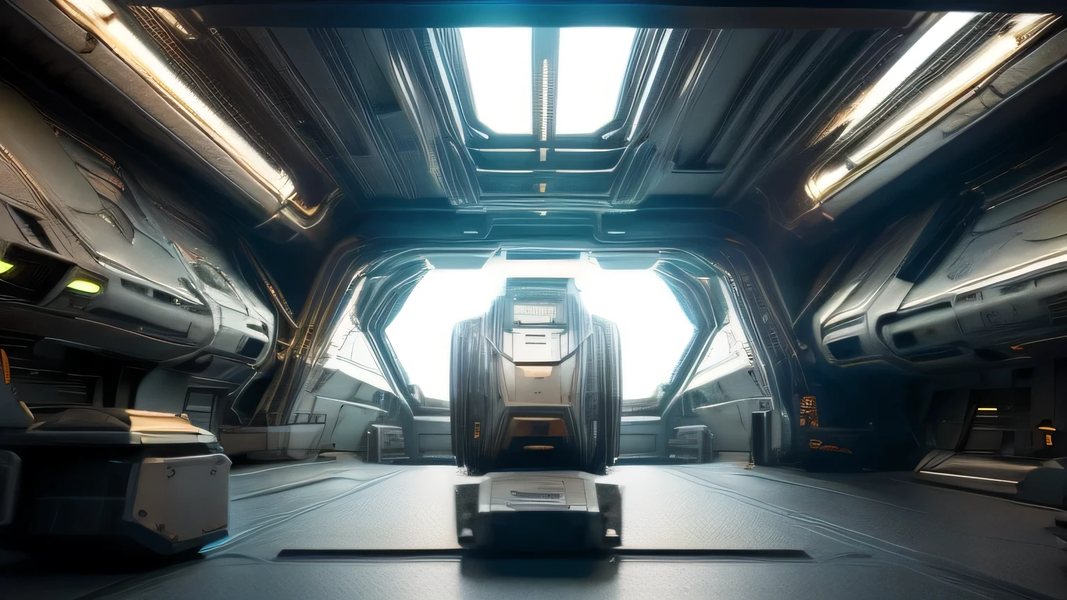 perspective view, interior of spaceship passage, metallic, glossy steel, titanium, bright, neat and tidy, well light up, showing detail parts, cyber-future, metallic, mechanic, very detailed, highly realistic