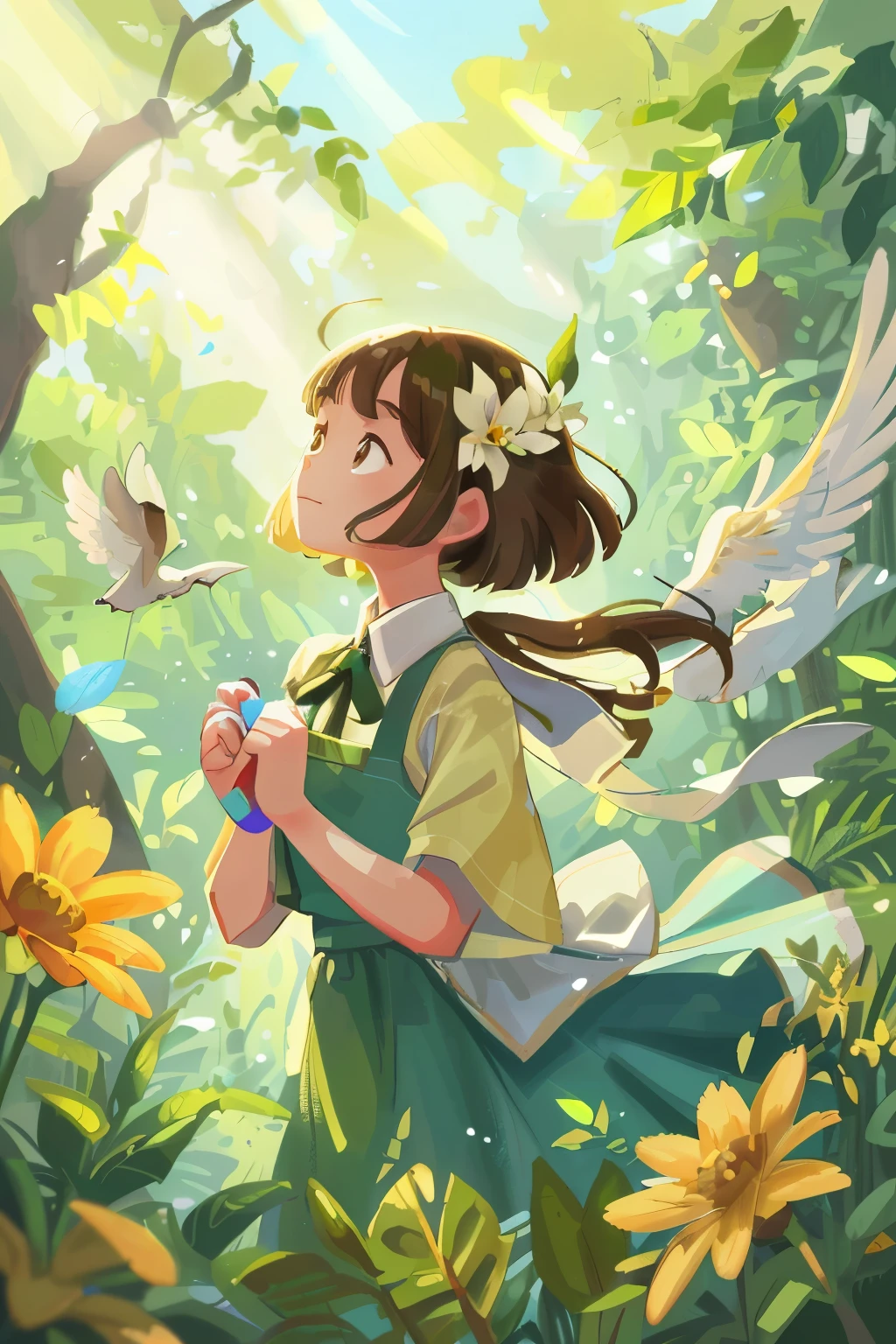 Amidst the summer season, a gentle breeze plays with the leaves, painting the air with a refreshing scent. The sun casts its warm rays, bathing the surroundings in a cool, soothing light. The atmosphere is filled with a sense of cheerfulness and relaxation, as the happy chirping of birds adds to the overall charming ambiance. Each vibrant leaf shines with intricate textures, revealing the intricacies of nature's artwork. The sunlight filters through, creating dazzling highlights and deep, rich shadows, transforming this moment into a captivating visual treat that invigorates the senses. (masterpiece), (best quality), 1 scene, nature, summer scene, l