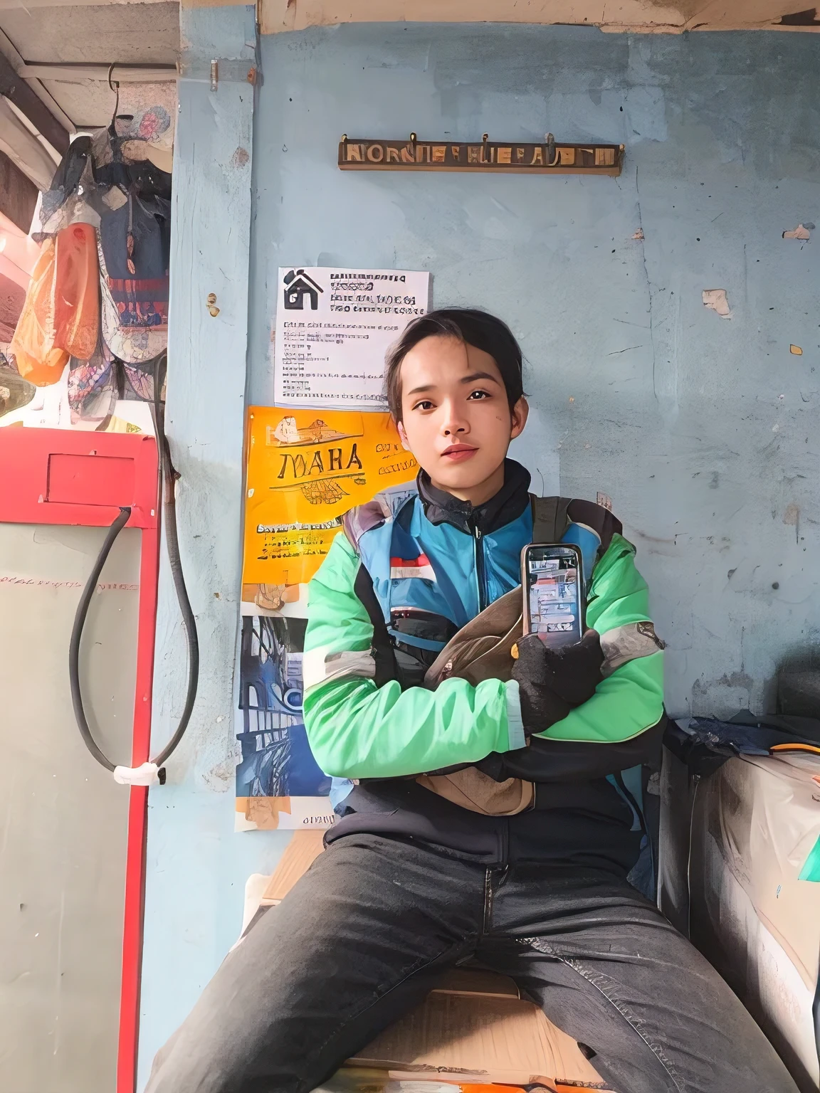 Beautiful girl sitting on a bench with a cell phone, potrait, single portrait, portrait of jerma985, full protrait, protrait, by artist, ramil sunga, he is holding a smartphone, anton, by Abidin Dino, full device, selling his wares, andy worhol, photo portrait, exclusive