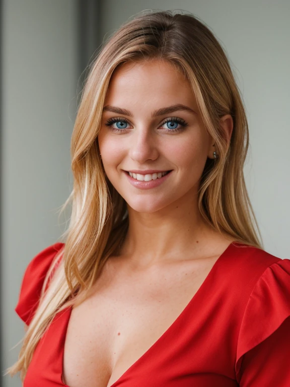 a closeup dark full body shot photo of a blonde with perfect eyes, smile, wearing red top full photo standing, colours on face and body