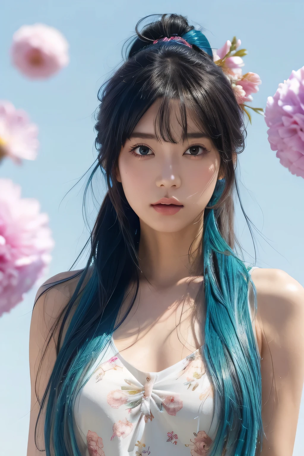 (masterpiece), (highest quality), (super detailed),(messy hair),(figure), (1 girl), (fashionable clothes), Are standing, Fashion Model, looking at the viewer, (interview), (simple background),detailed and beautiful eyes, delicate beautiful face, floating,(high color saturation),(colorful splashes),colorful bubble,(shining), focus on face, ponytail, kamisato ayaka, light blue hair, bangs, hair ring, floating flowers, floating hair, (shining), best writing, best shadow,high nose、no makeup、narrow eyes