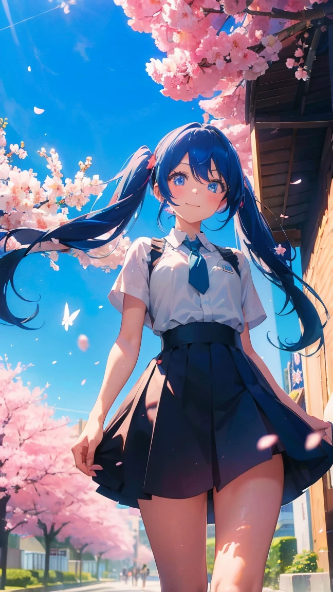 1 anime girl, alone,Black petals flutter, A mysteriously shining butterfly.city,Hatsune Miku,bright blue hair,bright blue jewel eyes,twin tails,thin legs,very clear,highest quality,smile,close up of face,cherry blossomsの花びらに触れる,cherry blossoms,turn to the side,空に舞うたくさんのcherry blossomsの花,beautiful blue sky,meteor