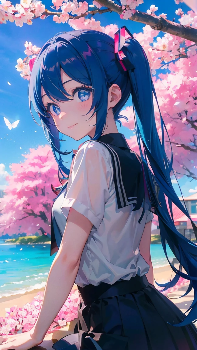 1 anime girl, alone,Black petals flutter, A mysteriously shining butterfly.city,Hatsune Miku,bright blue hair,bright blue jewel eyes,twin tails,thin legs,very clear,highest quality,smile,close up of face,cherry blossomsの花びらに触れる,cherry blossoms,turn to the side,空に舞うたくさんのcherry blossomsの花,beautiful blue sky,meteor