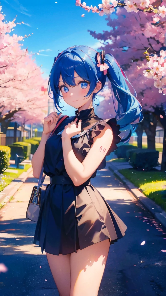1 anime girl, alone,Black petals flutter, A mysteriously shining butterfly.city,Hatsune Miku,bright blue hair,bright blue jewel eyes,twin tails,thin legs,very clear,highest quality,smile,close up of face,cherry blossomsの花びらに触れる,cherry blossoms,turn to the side,空に舞うたくさんのcherry blossomsの花,beautiful blue sky,meteor