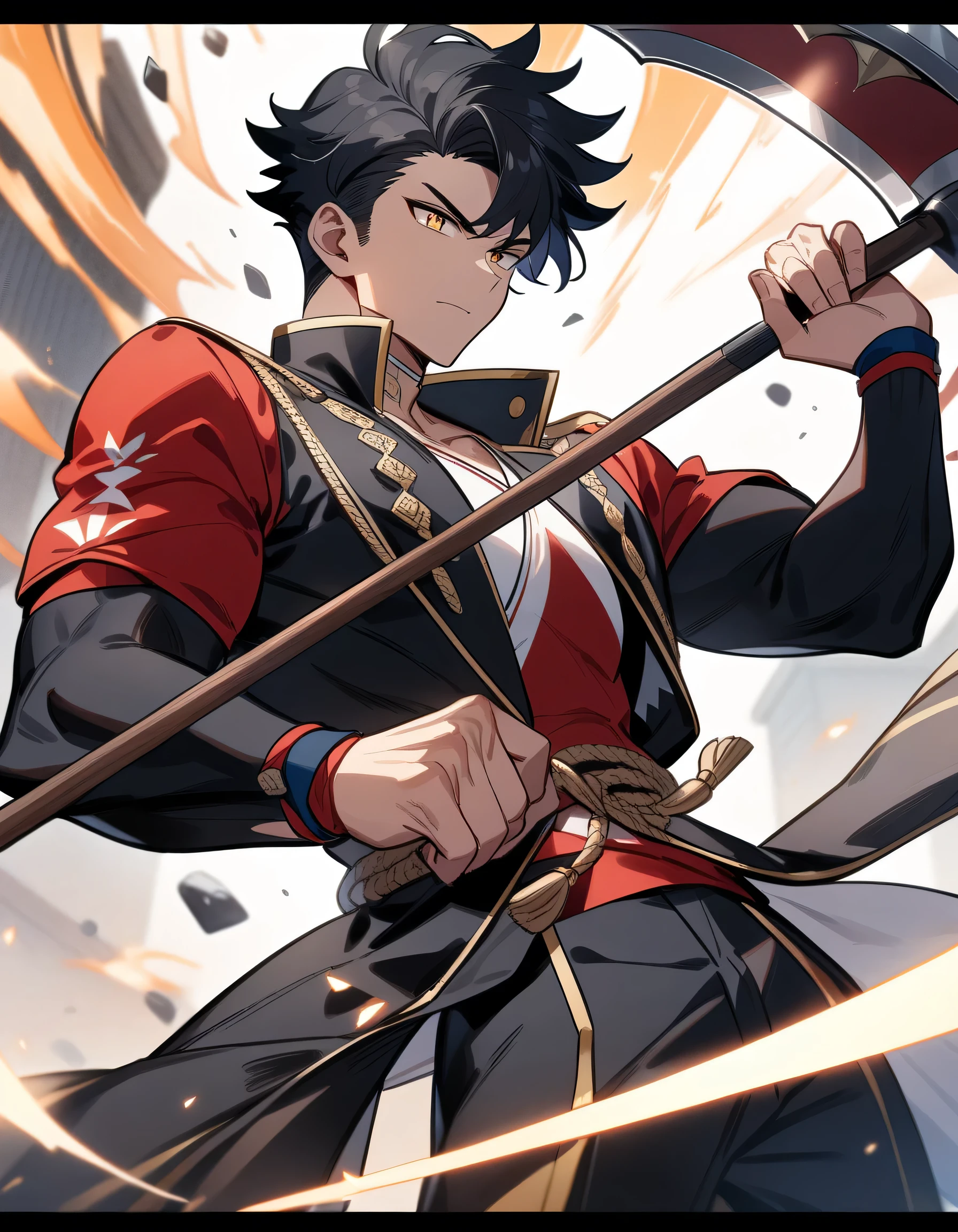 Robust youth,Show muscles,short hair,black hair,golden pupils,Short coat off-white,Holding a long axe,Handsome,Japanese 2024 anime style,best quality,very aesthetic