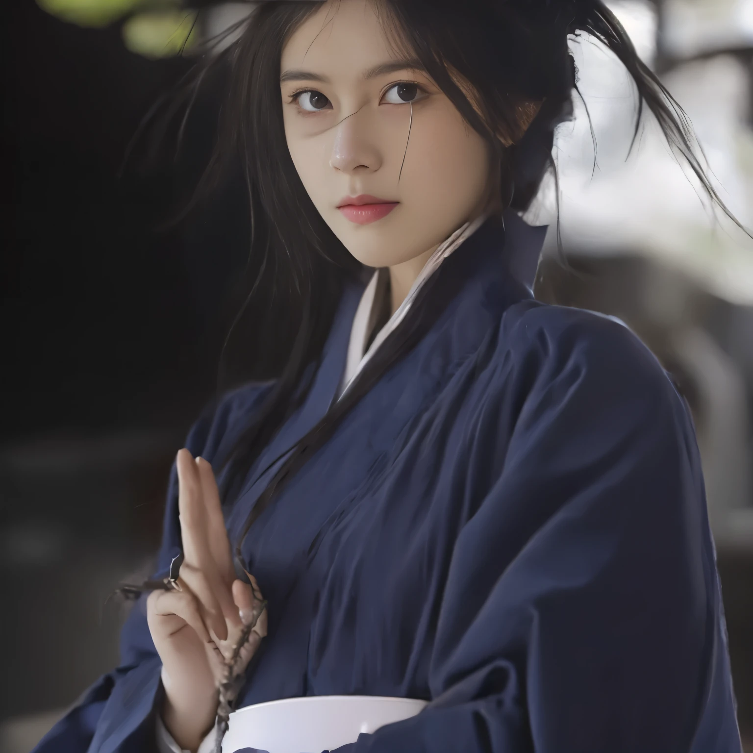 arafed woman in a blue kimono with a white bowl, palace , a girl in hanfu, iu lee ji-eun as a super villain, hanfu, flowing hair and long robes, wearing blue robe, she is holding a katana sword, wearing ancient chinese clothes, wearing a blue robe, full body xianxia, inspired by Gu An, bae suzy