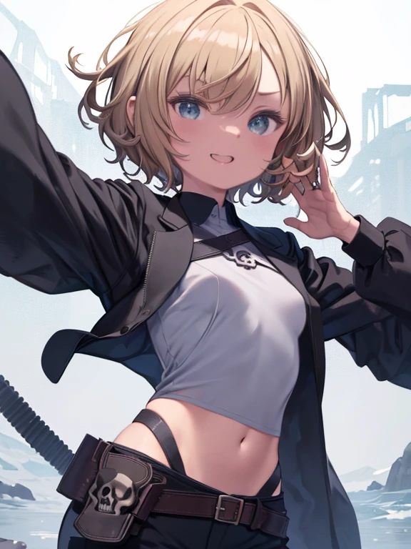 masterpiece, highest quality, Medium wide shot、cowboy shot、blonde girl with short curly hair、 girl、bouncy hair、pointed hair tips、short back hair、berry shortcut、((small breasts、small breastouth open、laughing、white shirt、black long-sleeved short jacket、Low rise black trousers、gun belt、Navel exposed、Decisive pose、wilderness、skull buckle、△ mouth、