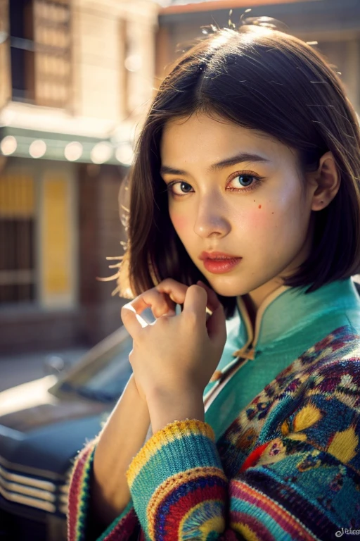 best quality, masterpiece, beautiful and aesthetic, 16K, (HDR:1.4), high contrast, bokeh:1.2, lens flare, (vibrant color:1.4), (muted colors, dim colors, soothing tones:0), cinematic lighting, ambient lighting, sidelighting, Exquisite details and textures, cinematic shot, Warm tone, (Bright and intense:1.2), wide shot, by playai, ultra realistic illustration, siena natural ratio, anime style, (ancient Chinese theme:1.2), random angles, random poses, Dark Chocolate long bob cut, (a tearful look:0.8), Aqua bracelet, wearing a white highneck long_sleeve knit sweater and skiny jeans, a beautiful Arabian girl, blue eyes, colorful head scarf, octane render Artstation perfect composition, intricate details, hyper details, masterpiece, perfect composition, perfect anatomy, perfect lighting, sf, intricate artwork masterpiece, ominous, matte painting movie poster, golden ratio, trending on cgsociety, intricate, epic, trending on artstation, by artgerm, h. r. giger and beksinski, highly detailed, vibrant, production cinematic character render, ultra high quality model.,photorealistic