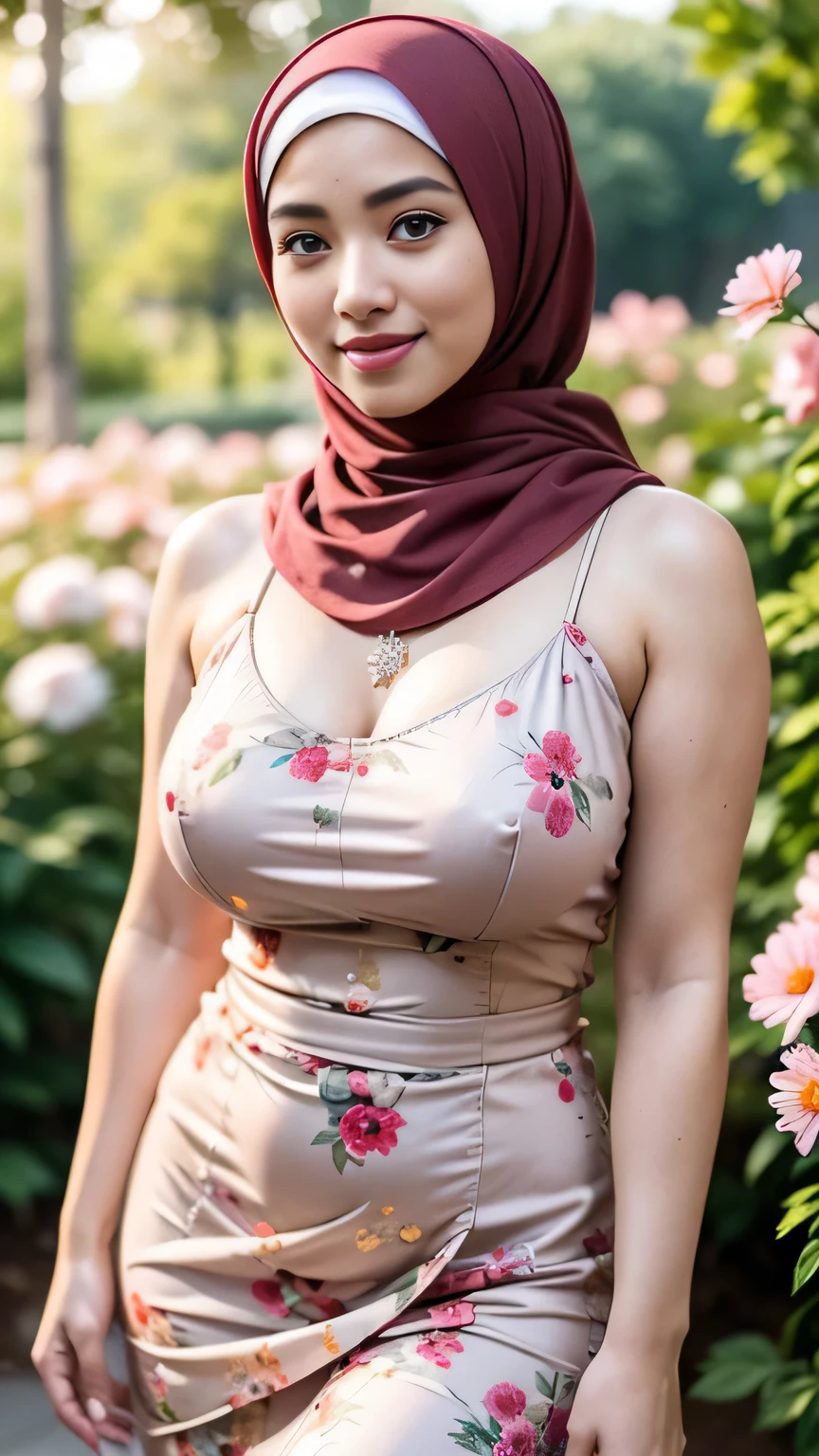 RAW, Best quality, high resolution, Masterpiece: 1.3), Beautiful Malay woman in hijab, Masterpiece, Perfect slim body, ((Big breasts)), Beautiful big eyes, water eyes, Soft smile, ((wearing tight red pastel floral malay gamis with closed hijab)), simple diamond necklace, ((closed clothes), ((polite clothes)), windy, skin details, skin texture details, wide hips, thick thighs, sexy body, morning time, laughing, happy, bright sunlight, flower garden path, blurred background, bokeh,