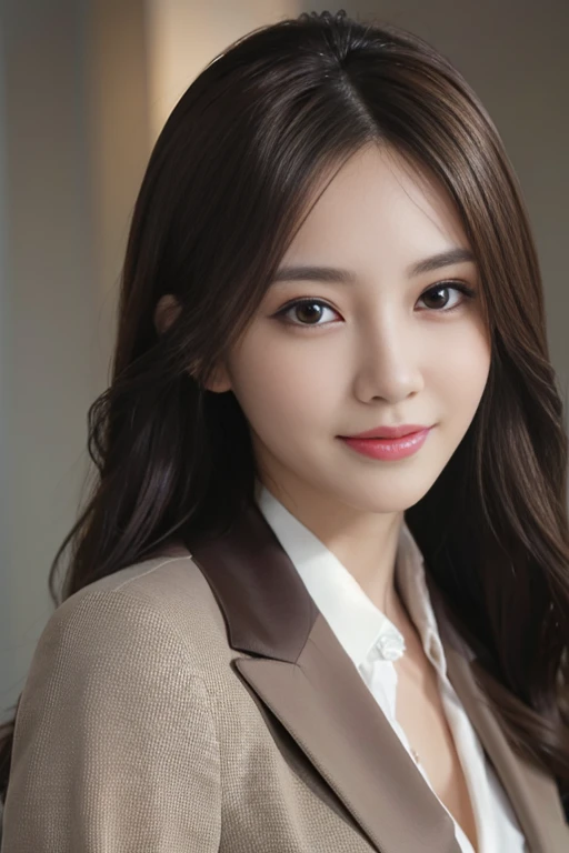 masutepiece, Best Quality, Photorealistic, Ultra-detailed, finely detail, High resolution, 8K Wallpaper, 1 beautiful woman,, light brown messy hair, in a business suit, sharp focus, Perfect dynamic composition, Beautiful detailed eyes, detailed hairs, Detailed realistic skin texture, Smiling, Close-up portrait, Model body type