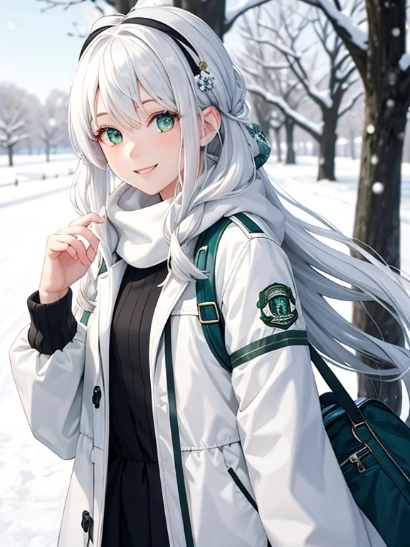 1girl, masterpiece, snow, white hair, green eyes, smiling, winter jacket, hair accessories, tree