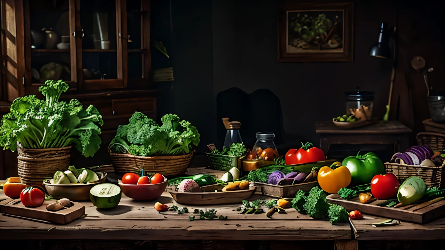 table full of vegetables, one eg behind the vegetablrs, cinematic lights