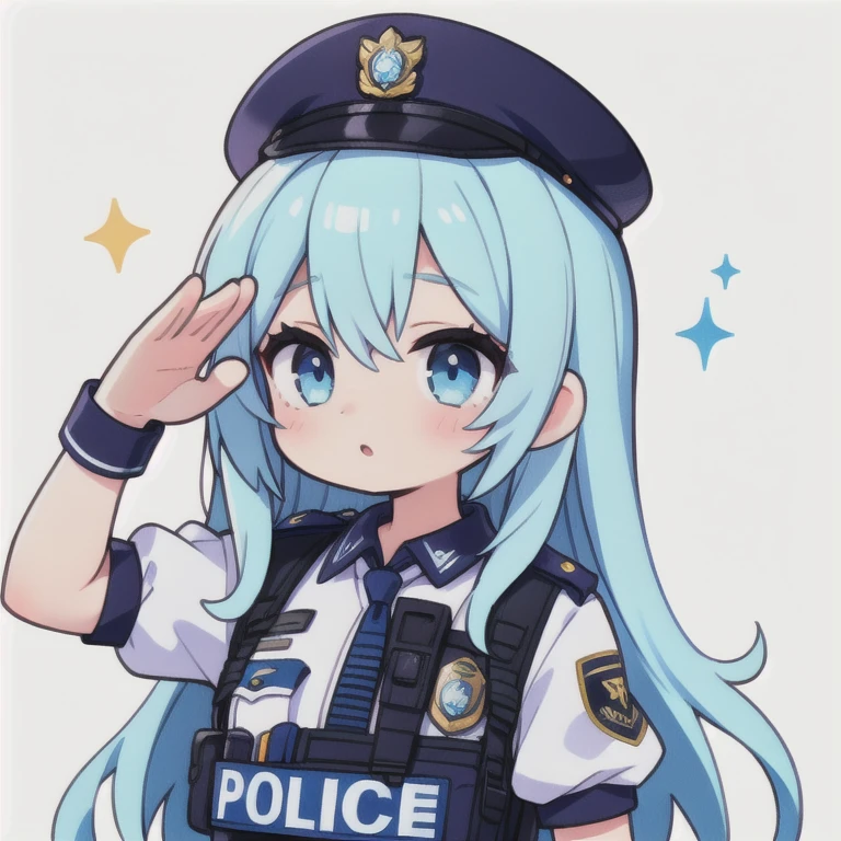 girl, long eyelashes,police officer cosplay,light blue long hair, Big eyes, light blue eyes, salute