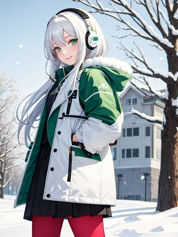 1girl, masterpiece, snow, white hair, green eyes, smiling, winter jacket, hair accessories, wear headphone, phone, tree