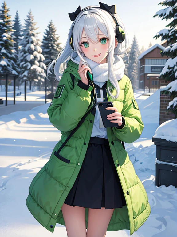 1girl, masterpiece, snow, white hair, green eyes, smiling, winter jacket, hair accessories, wear headphone, phone, tree