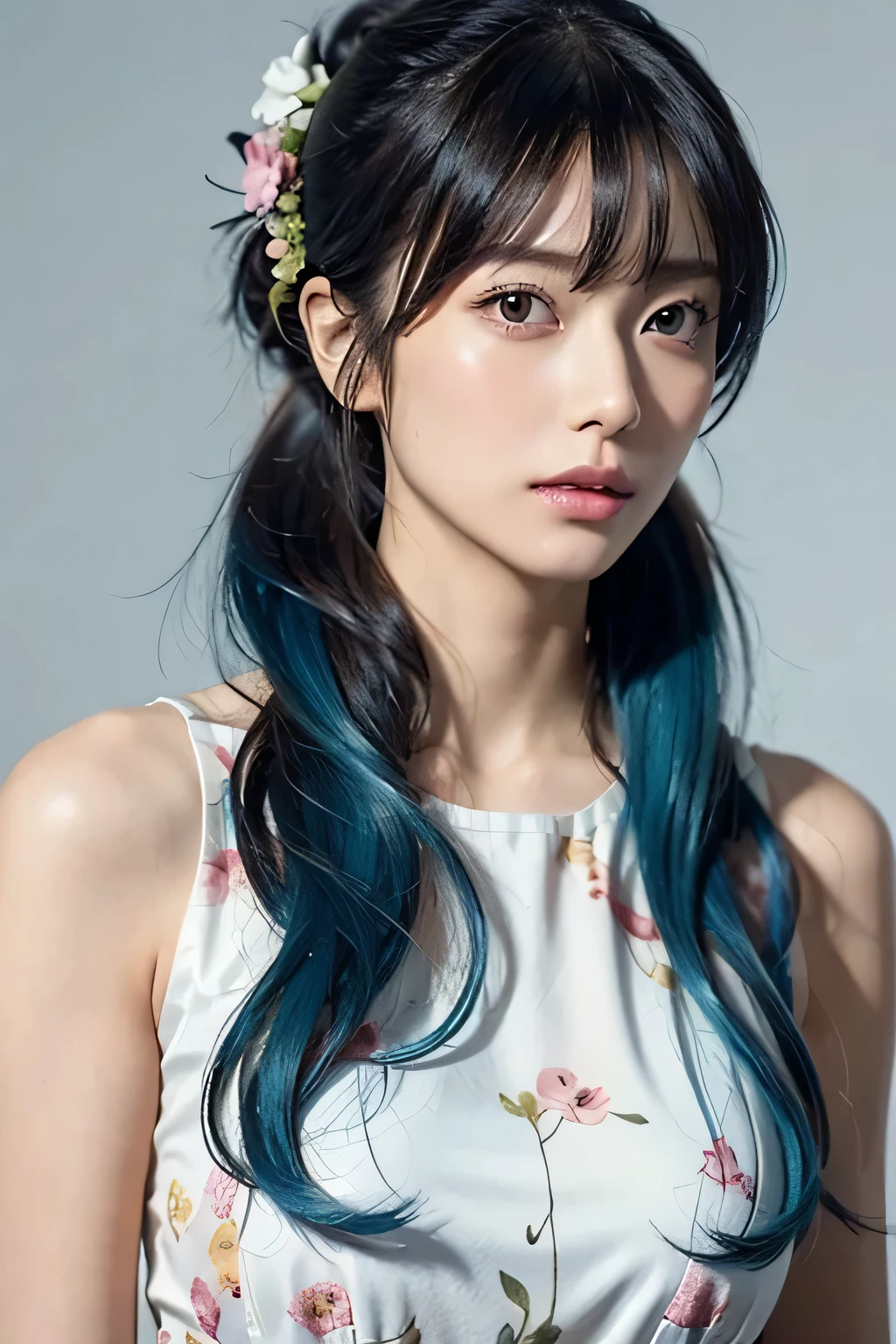 (masterpiece), (highest quality), (super detailed),(messy hair),(figure), (1 girl), (fashionable clothes), Are standing, Fashion Model, looking at the viewer, (interview), (simple background),detailed and beautiful eyes, delicate beautiful face, floating,(high color saturation),(colorful splashes),colorful bubble,(shining), focus on face, ponytail, kamisato ayaka, light blue hair, bangs, hair ring, floating flowers, floating hair, (shining), best writing, best shadow,high nose、no makeup、(narrow eyes)